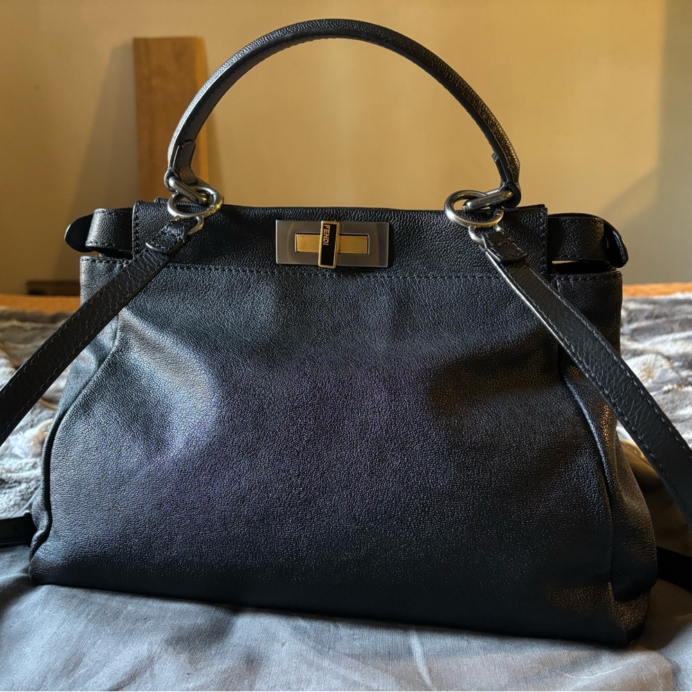 EUC Fendi Goatskin Zucca iconic Peekaboo Satchel - Black with two tone hardware - Picture 2 of 13